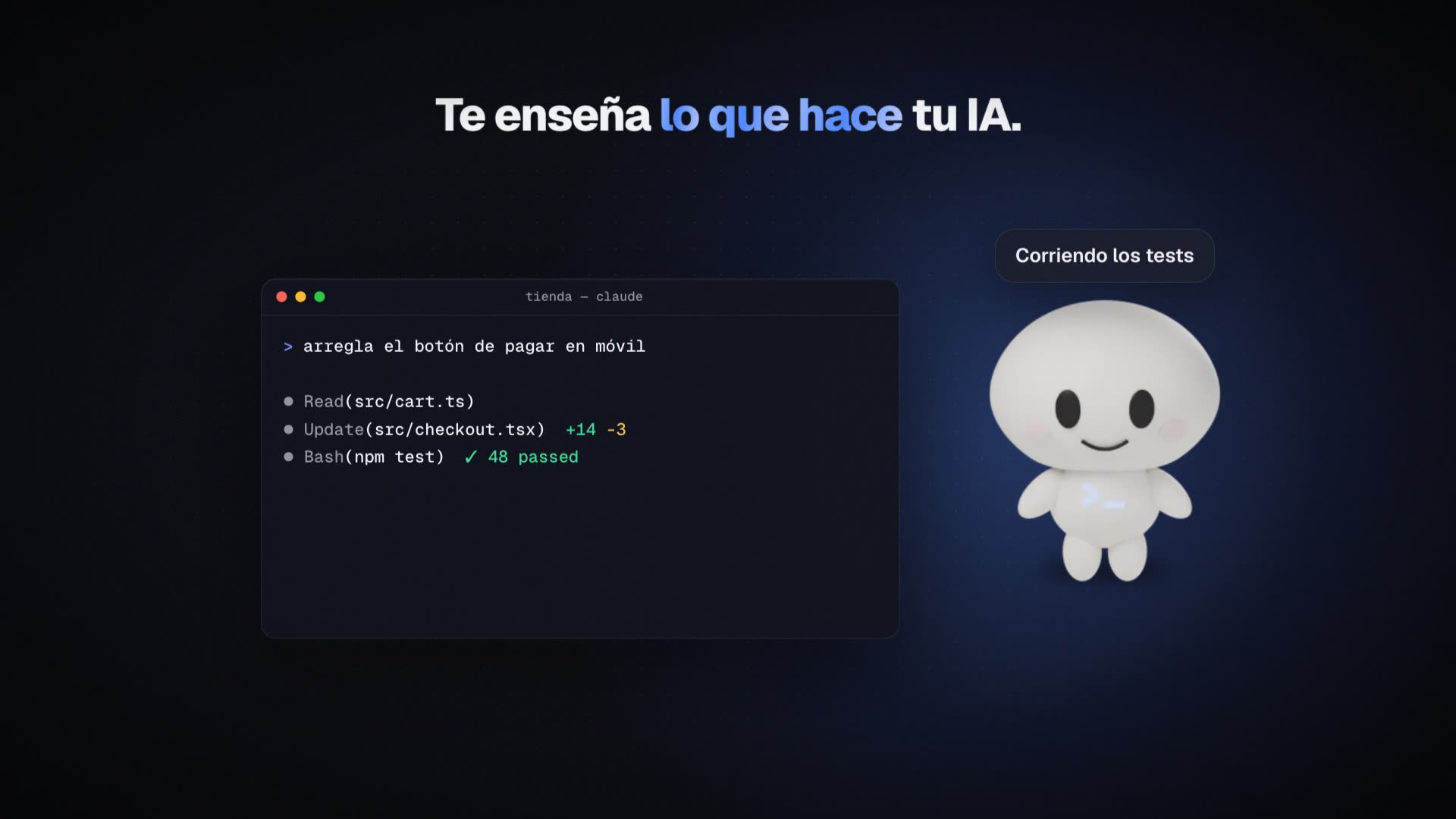 Terminal con Claude Code corrigiendo un botón de pago mientras Olo avisa: corriendo los tests